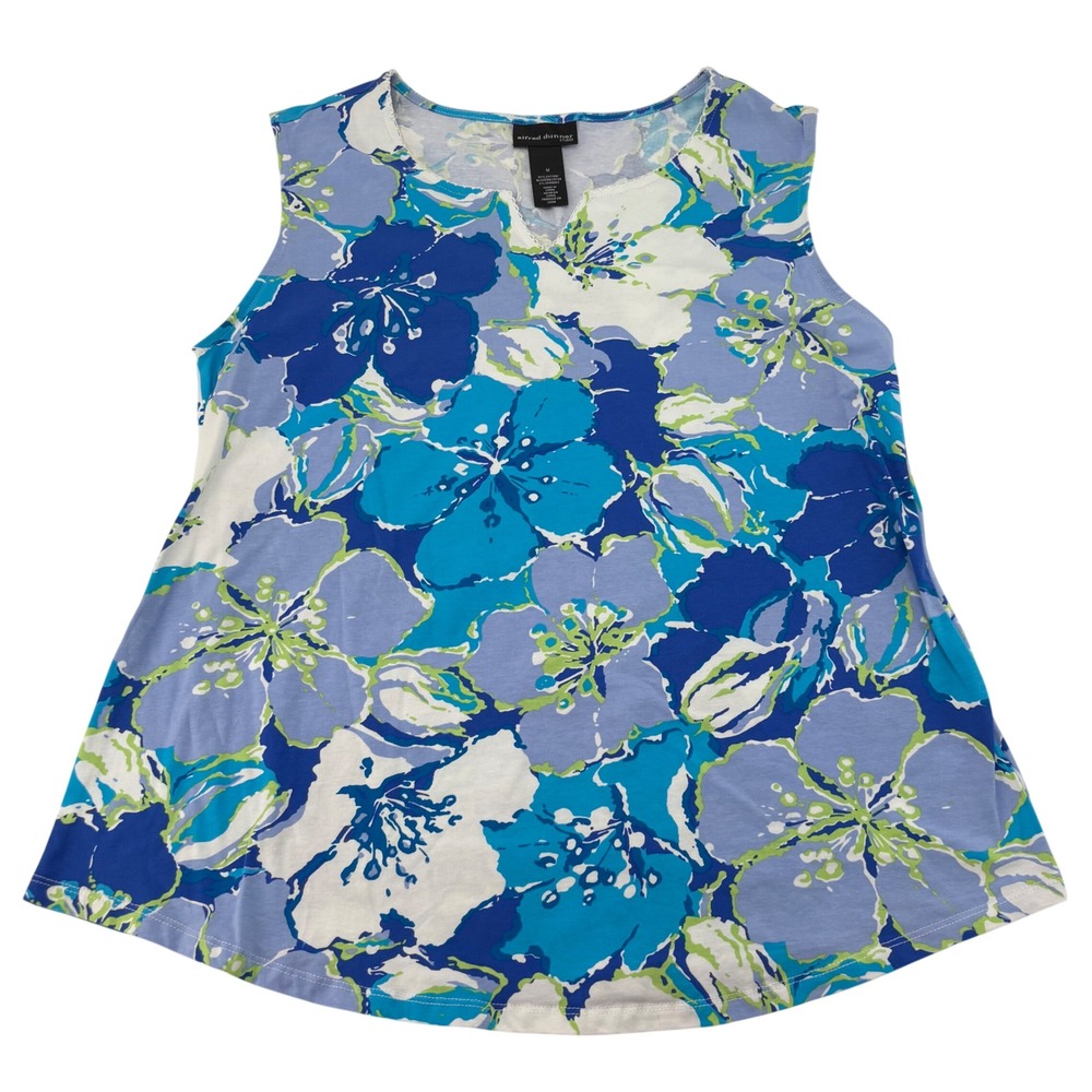 Alfred Dunner Studio Womens Medium Blue Floral Split Neck Sleeveless Tank Top